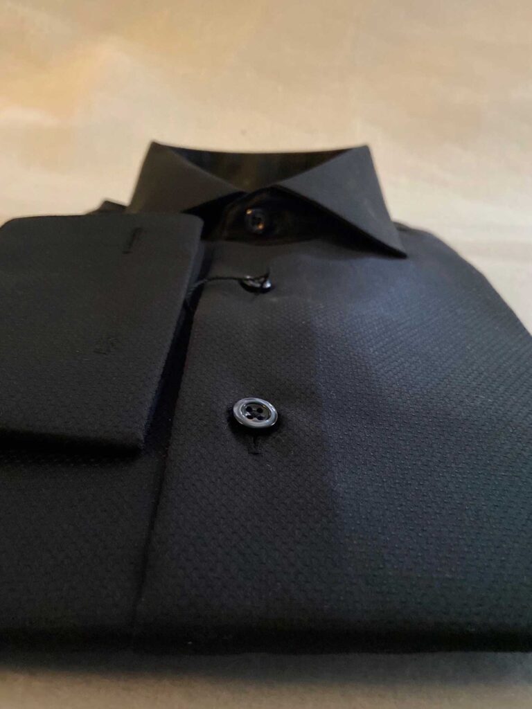 black custom shirt, spread collar, black button down