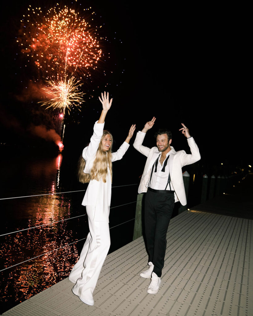 fireworks, afterparty, dancing, bride and groom, wedding suit