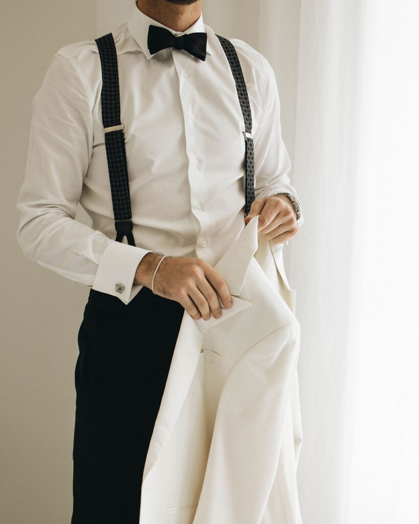 wedding suit, white dinner jacket, tuxedo jacket, silk suspenders, french cuff shirt
